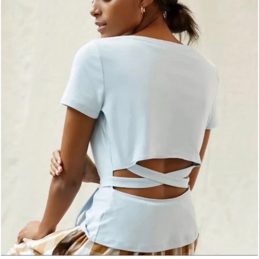 New Anthropologie Maeve Sky Blue Open Back Criss Cross Wrap Tie Top Shirt M
